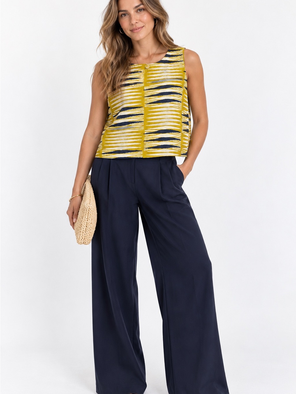 Maelu Anthropologie Sleeveless Navy Yellow Patterned Top Boho Print Medium